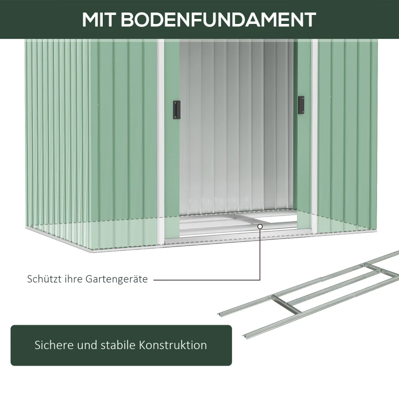 Trädgårdsbod, 2 Skjutdörrar, Ventilationsfönster, Golvstomme, Rostfri, Stål, Ljusgrön, 2,13 X 1,30 X 1,85 M 7