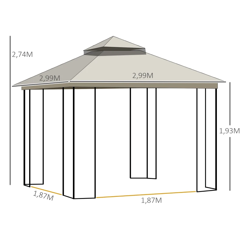 Trädgårdspaviljong Med Dubbeltak Paviljong Trädgårdstält Festtält Med 4 X Sidoväggar Metall + Polyesterbeige 2,99 X 2,99 X 2,74 M 3