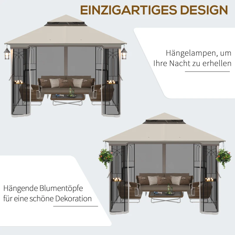 Trädgårdspaviljong Med Dubbeltak Paviljong Trädgårdstält Festtält Med 4 X Sidoväggar Metall + Polyesterbeige 2,99 X 2,99 X 2,74 M 7