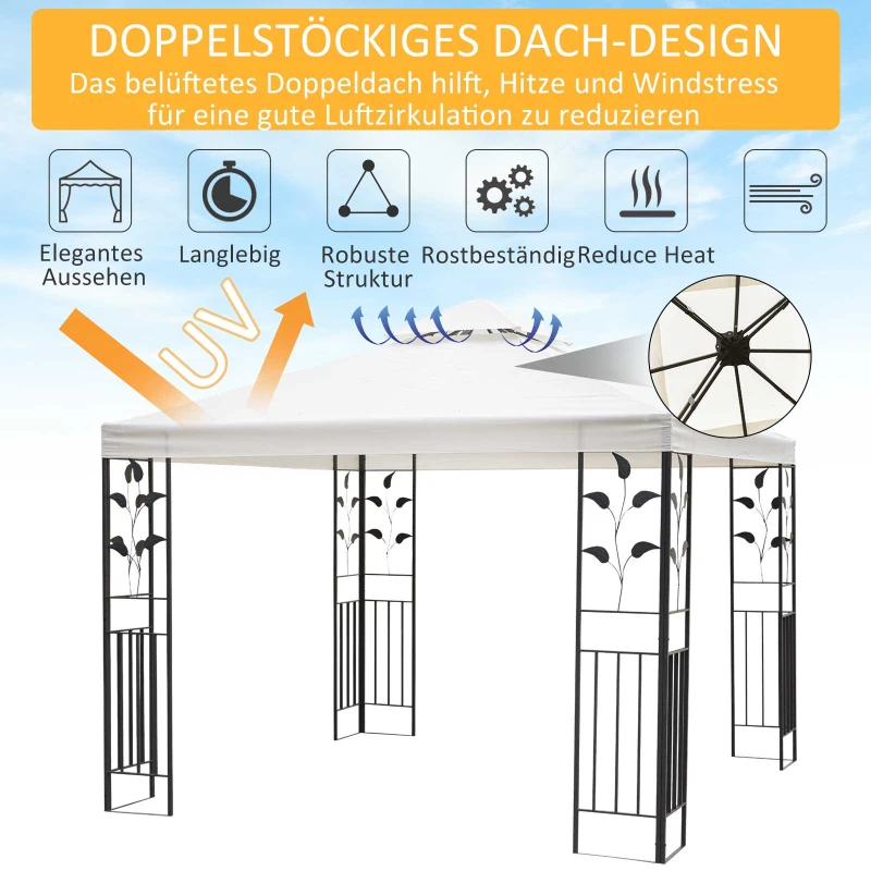 Trädgårdspaviljong Med Lövdesign Paviljong 2,95 X 2,95 M Stålram Dubbeltak Ventilerande Partytält Tält Polyester Krämvit 5