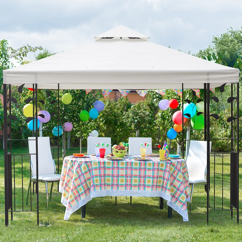 Trädgårdspaviljong Med Lövdesign Paviljong 2,95 X 2,95 M Stålram Dubbeltak Ventilerande Partytält Tält Polyester Krämvit 9