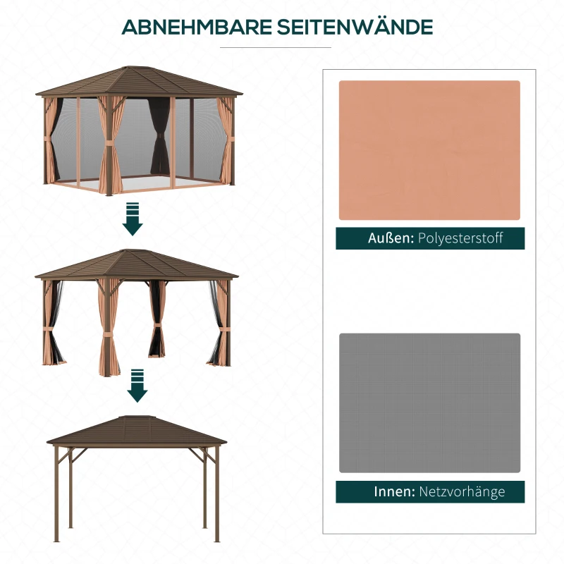 Trädgårdspaviljong Med Plåttak, 3 X 3,7 X 2,6m, 4 Gardiner, Väderbeständig, Aluminium, Brun 5