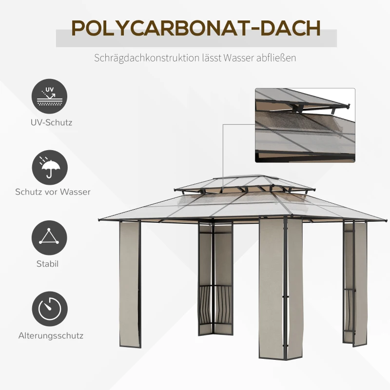 Trädgårdspaviljongpaviljong Med Solskydd Av Polykarbonatpaneler UV-skydd Vattenavvisande Robust Brun + Ljusgrå 3,65 X 3 X 2,75 M 4