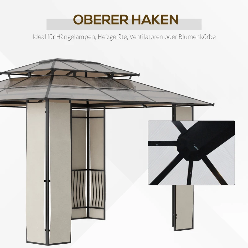 Trädgårdspaviljongpaviljong Med Solskydd Av Polykarbonatpaneler UV-skydd Vattenavvisande Robust Brun + Ljusgrå 3,65 X 3 X 2,75 M 5