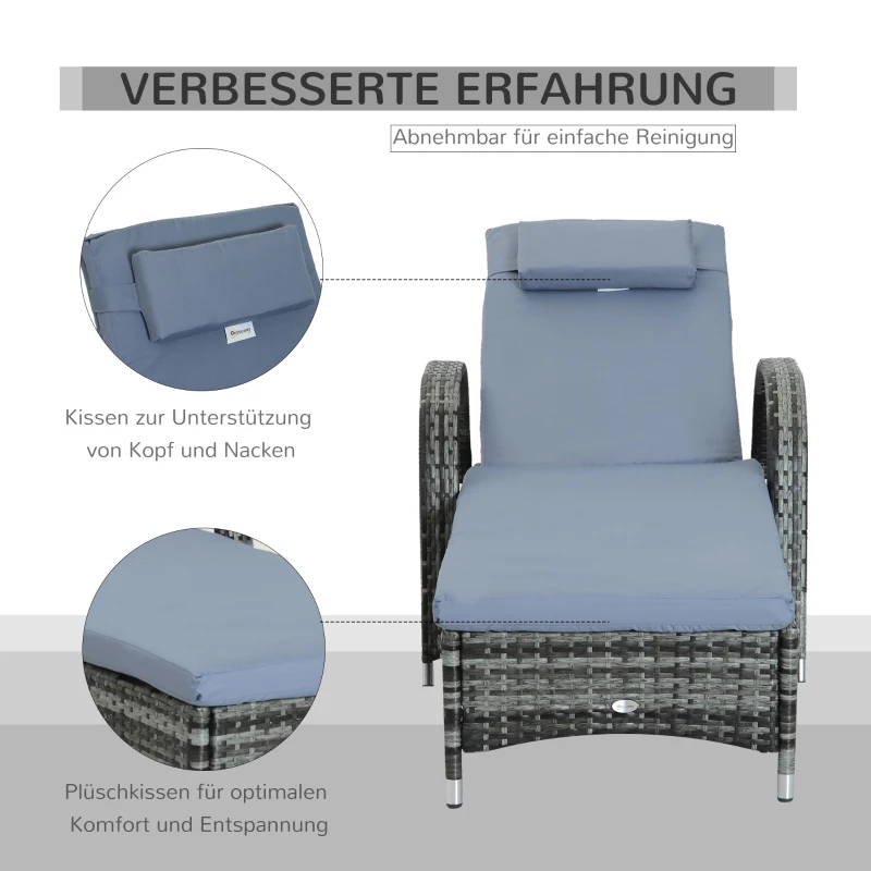 Trädgårdssäng, Solstol, Solstol I Rotting, Trädgårdsmöbler, Mobil Solstol Med Kuddar Och Hjul, Polyrotting + Metall, Grå, 200 X 73 X 30-103cm 5