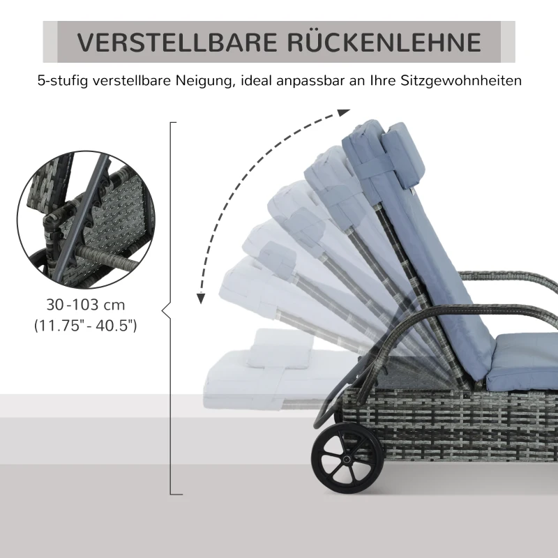 Trädgårdssäng, Solstol, Solstol I Rotting, Trädgårdsmöbler, Mobil Solstol Med Kuddar Och Hjul, Polyrotting + Metall, Grå, 200 X 73 X 30-103cm 6