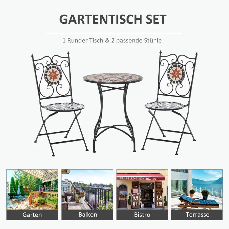 Trädgårdsset Balkongmöbelset För 2 Personer Mosaikbord 2 Hopfällbara Stolar Metall Flerfärgad 5