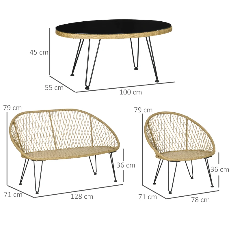 Trädgårdssittgrupp, 4 Delar, Rottinglook, Ovalt Bord, Två Stolar, Tvåsits, Med Sittdyna, Stål, Beige 3