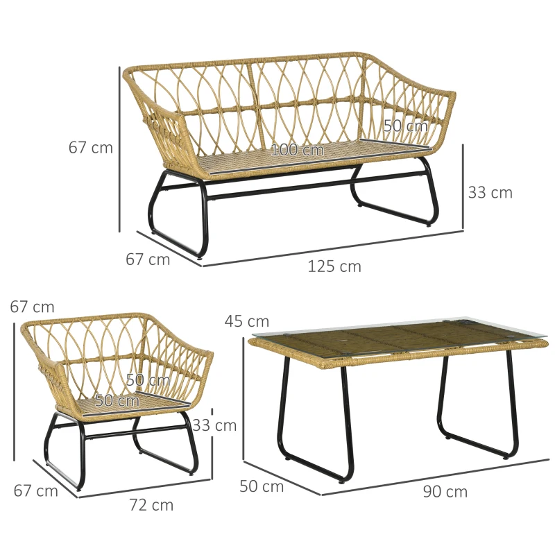 Trädgårdssittgrupp, 4 Delar, Rottinglook, Rektangulärt Bord, Två Stolar, Tvåsits, Med Sittdynor, Sandfärg 3