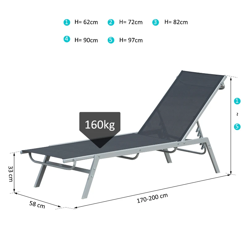 Trädgårdssolstol, Relaxstol, 5-vånings Ryggstöd, Metall, Svart 170 X 58 X 97 Cm 3