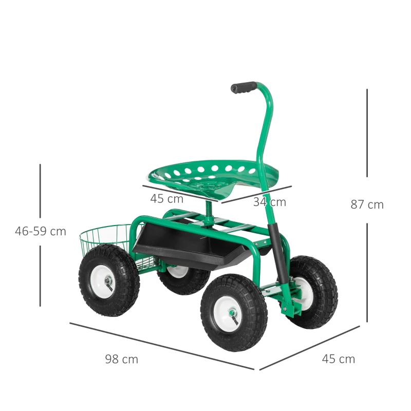 Trädgårdsvagn Med Rullstol Upp Till 150 Kg Med Förvaringskorg För Små Trädgårdsredskap, Mobil Verkstadsvagn, Trädgårdssits, Riktningsstyrbar, Sitthöjd 46-59 Cm, Höjdjusterbar, Metall, Gummi, Grön 3