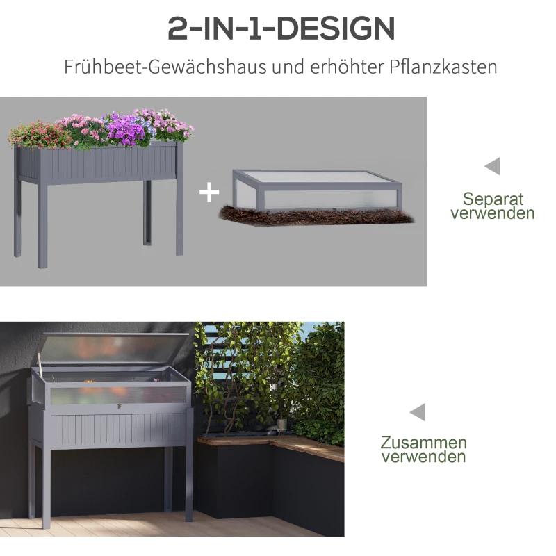 Trähögsäng Med Springbädd 2-i-1 Växthus Tomathus Grönsaksbädd Örtbädd Växtlåda För Trädgård Balkong Och Terrass Polykarbonatgrå 120 X 54 X 112/122 Cm 4