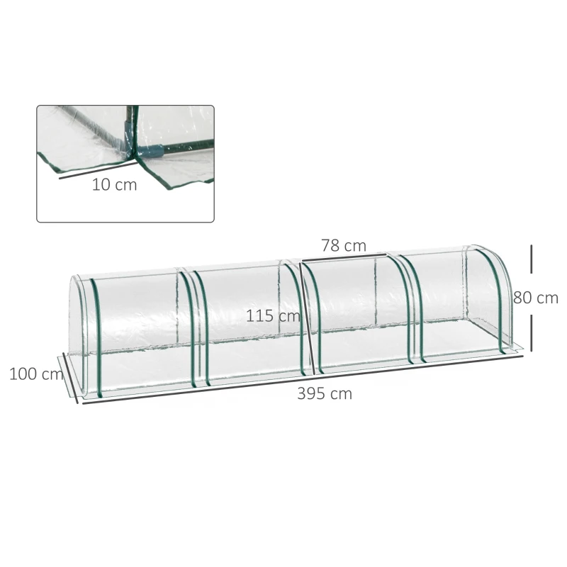 Tunnelväxthus, 4 Fönster Med Dragkedjor, Stålram, Robust Presenning, Transparent, 395 X 100 X 80 Cm 3