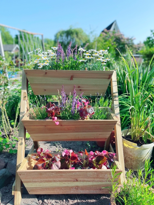 Upphöjd Bädd Blomstertrappa Trä Blomstege Med 3 Hyllor Växttrappa Växthylla Växtställ Blomhylla Blomsterställ Naturlig 71 X 61 X 77 Cm 12