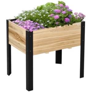 Upphöjd Bädd Plantera Blomlåda Blomkruka örtbädd Med Fiberduk Massivt Trä Stål Natur + Svart 80 X 60 X 74 Cm 1