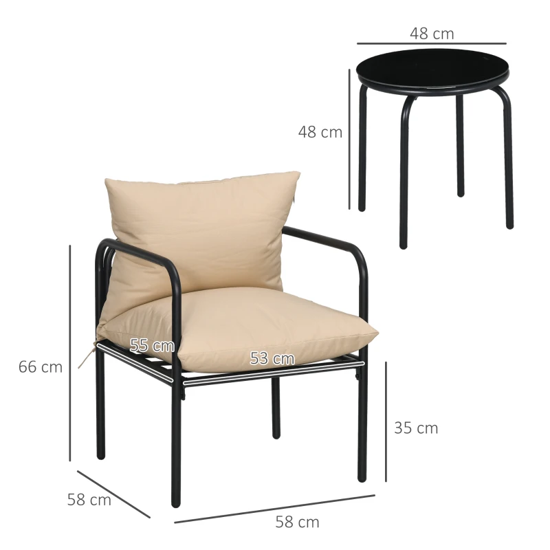 Uteservering, 3 Delar, 2 Stolar, Bord Med Glasskiva, Sittdynor, Metallstomme, Beige 3