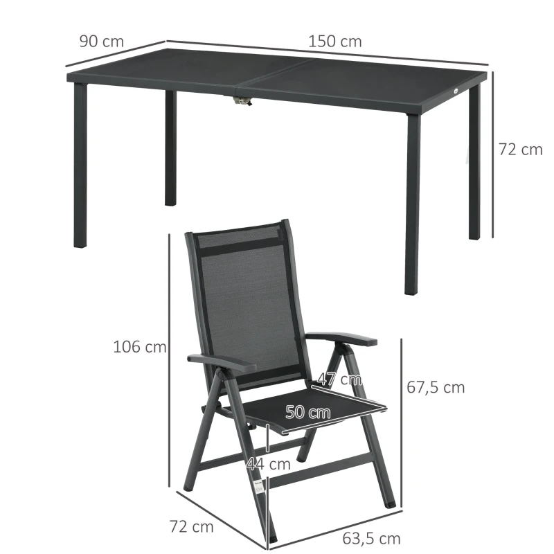 Uteservering, 4 Fällbara Stolar, Bord Med Glasskiva, Justerbart Ryggstöd, Aluminium, Mörkgrå 3