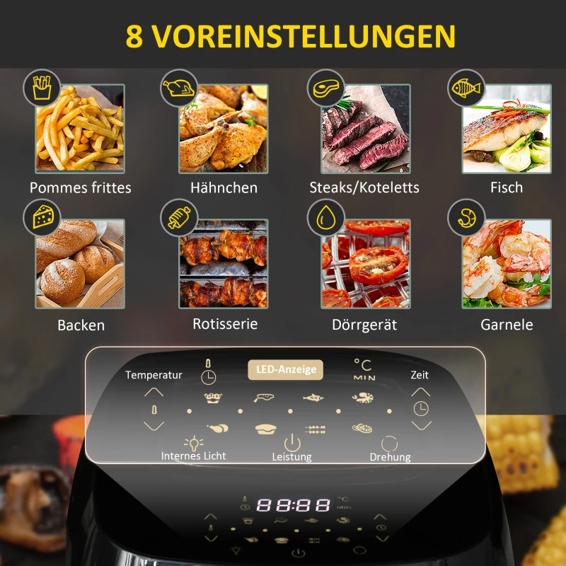 Varmluftsfritös 11 L 1800W Med 8 Menytillbehör Ugn Dehydrator Grill För Hälsosam Oljefri Lågfett Matlagning Stål Svart 32 X 35,6 X 37,9 Cm 4