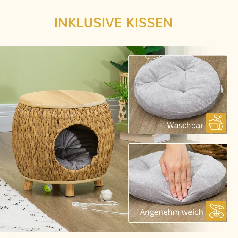 Vattenhyacint Gräs Cat Cave Tvättbar Kudde 44cm X 43cm X 42cm Ljusbrun + Naturligt Trä + Grå 6