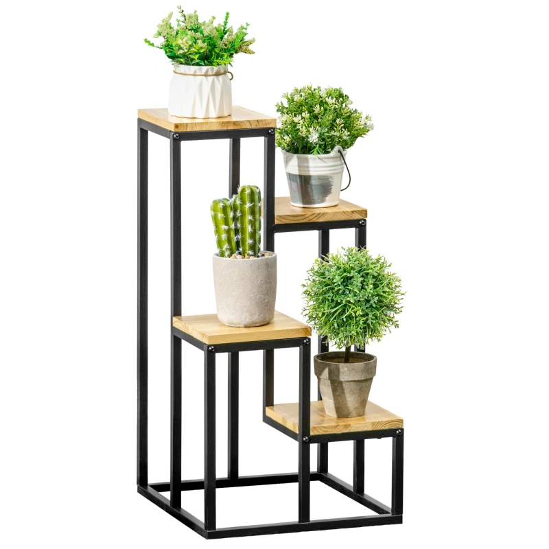 Växtställ I Industriell Design Med 4 Hyllor, Blomtrappor, 34 Cm X 34 Cm X 66 Cm, Natur + Svart 1