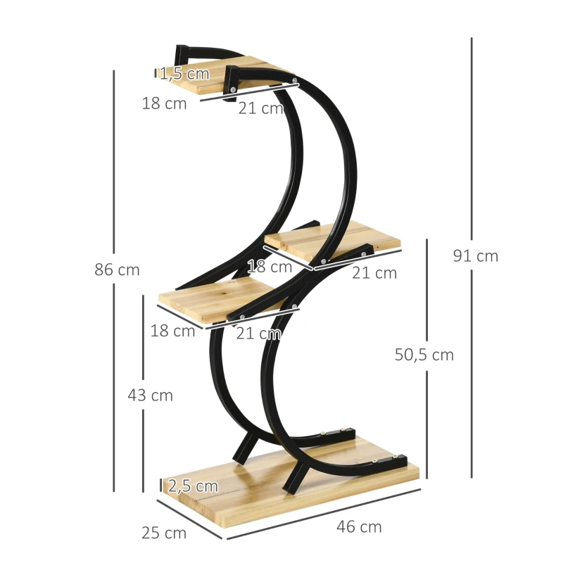 Växtställ Med 4 Hyllor, Massivt Trä, Väderbeständig, 46 Cm X 25 Cm X 91 Cm, Svart + Natur 3