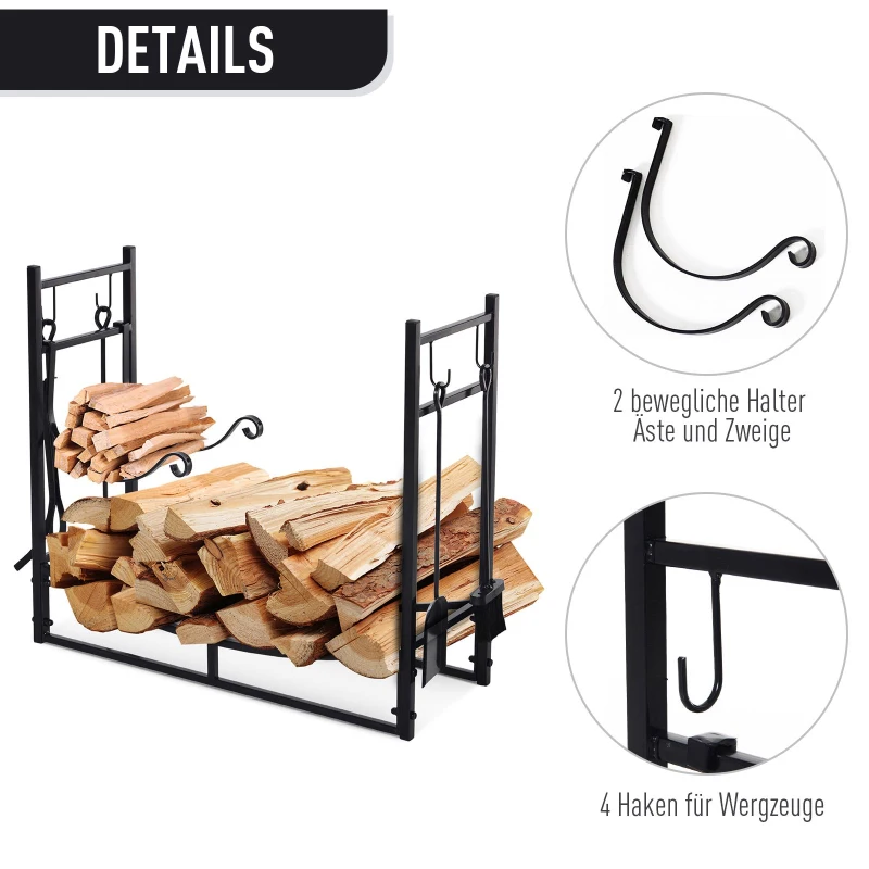 Vedställ, Vedställ, Vedhylla Med 4 Krokar, 2 Lager Metall, Svart, 84 X 33 X 76 Cm 5