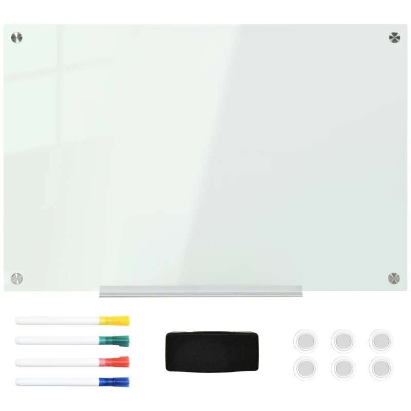 Whiteboard I Glas, Anteckningstavla, Whiteboardtavla, 4 Pennor, 6 Magneter, 1 Svamp, 1 Hylla, Vit 1