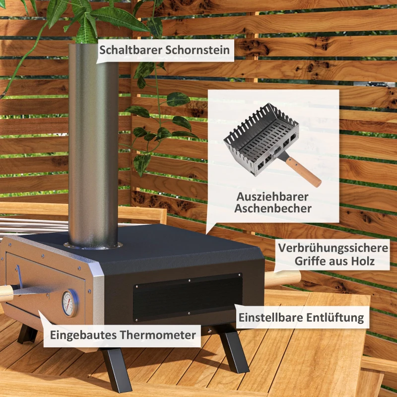 2-i-1 Utomhuspizzaugn Med Pizzasten, Vedeldad Ugn, Pizzaspade, Pizzaskal, Grillugn För BBQ, Stål, Svart 5