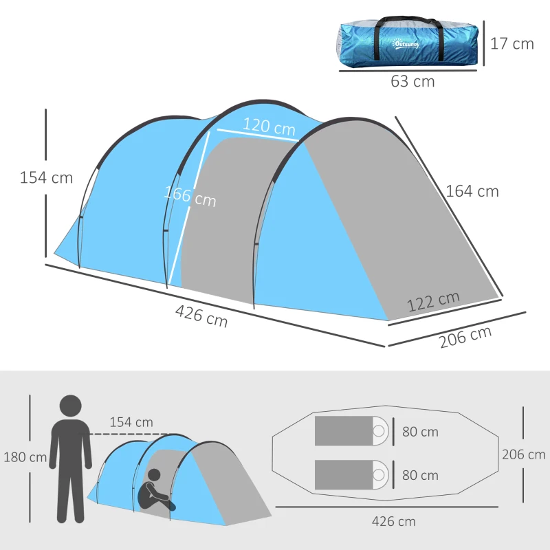 Campingtält, Pop-up Tält För 2-3 Personer, Förrum & Sovplats, Vattentätt, 426 X 206 X 154 Cm, Ljusblå 3