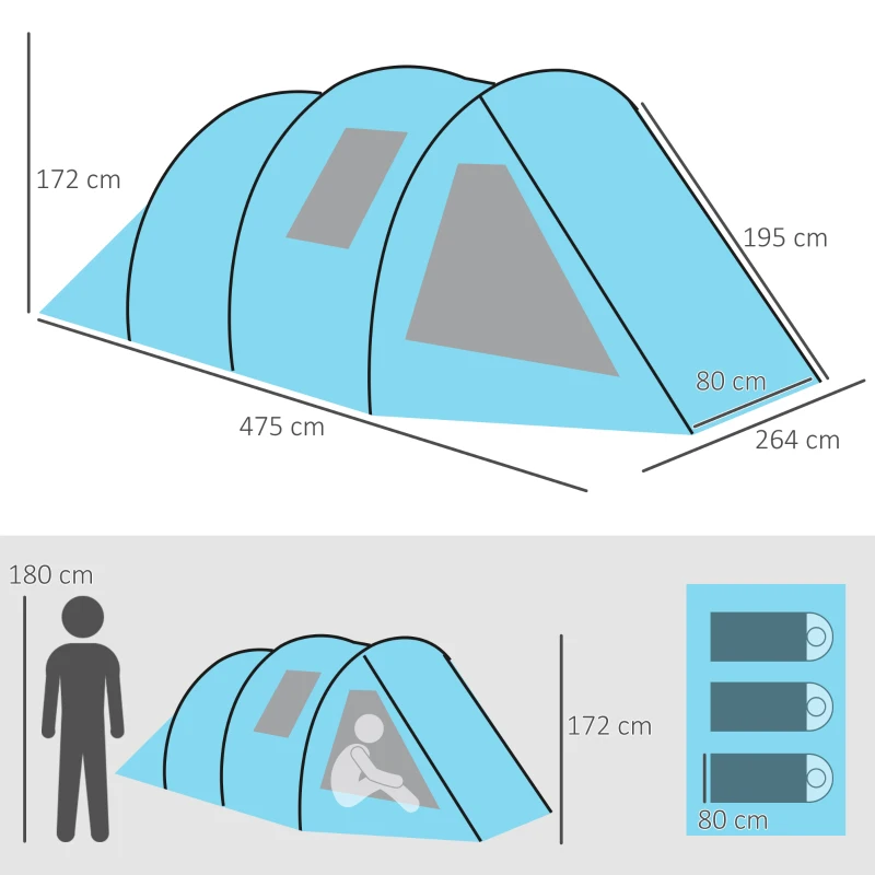 Campingtält Vandringstält, Väderbeständigt, 2 Rum, 475 X 264 Cm Bredd X 172, Blå 3