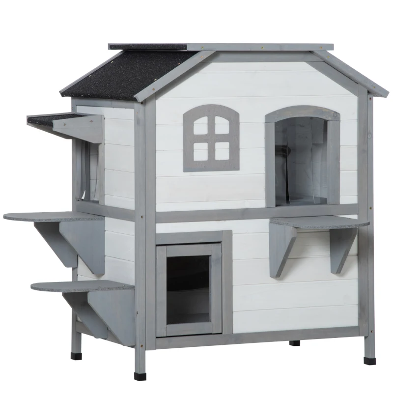 Cat House Cat Hut 2-nivå Väderbeständig 31" X 22" X 36" Vit + Grå 10