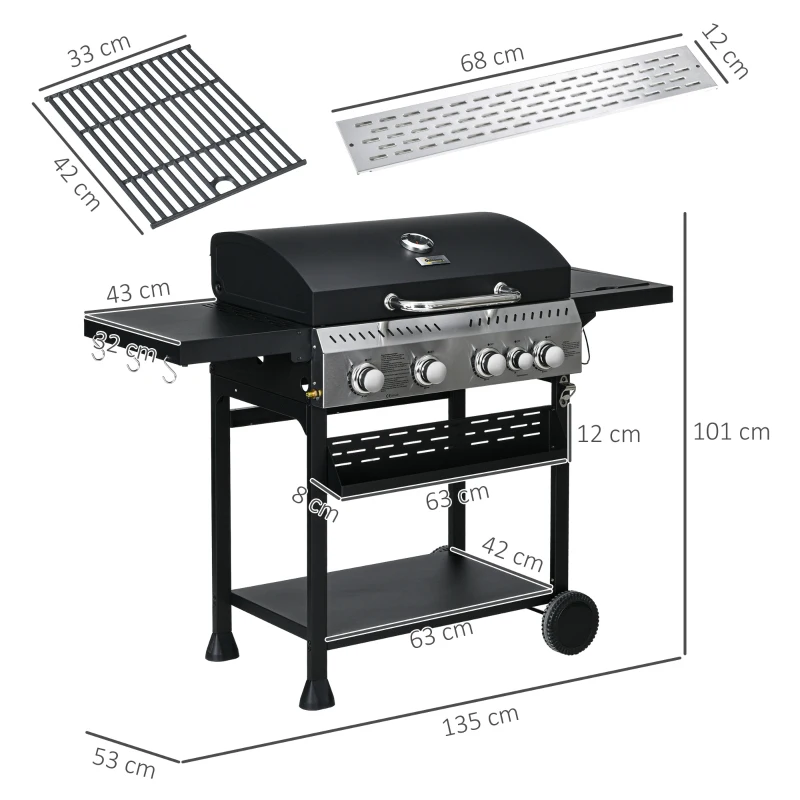 Gasgrill BBQ-grill, 4 Huvudbrännare, 1 Sidospis, 1 Värmeplatta; 135 X 53 X 101cm, Mörkgrå 2