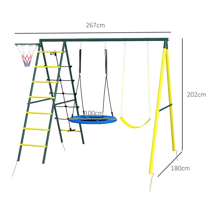 Gungställning För Barn, 4 I 1 Gungställning, Gungställning Med 2 Gungor, Basketkorg, Klätterstege, Trädgårdsgunga För 3-8 år Barn, Stål, Gul 3