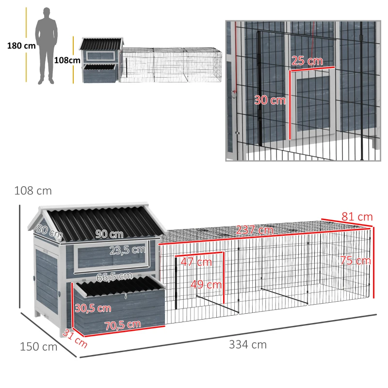 Hönshus Hönshus Smådjurshus, Väderbeständig, Inklusive Holk, 334 X 150 X 108 Cm, Mörkgrå + Vit 3