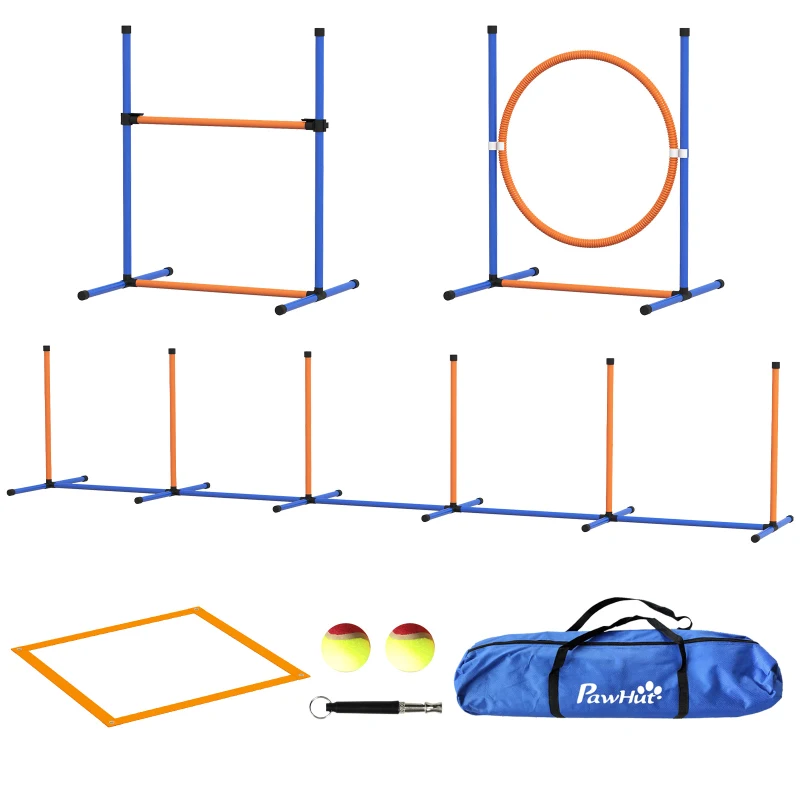 Hund Agility Set Hundbana, 1 Båge, 1 Häck, 1 Slalomset, 352 Cm X 66 Cm X 69 Cm, Blå + Röd 1