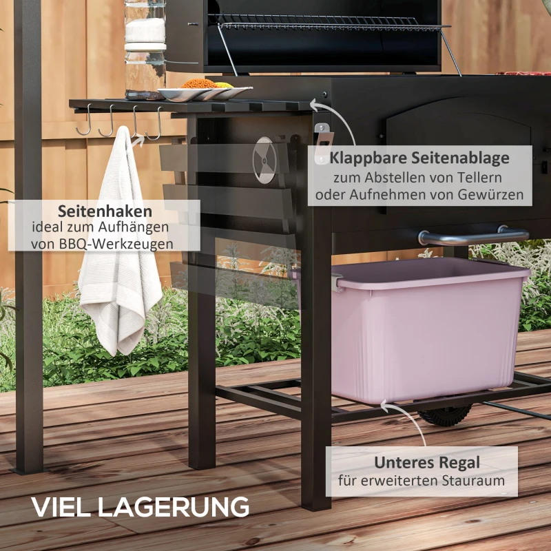 Kolgrill BBQ Grill Rökare, Justerbart Kolfack, Sidohyllor, 124 X 66 X 112 Cm, Svart 6