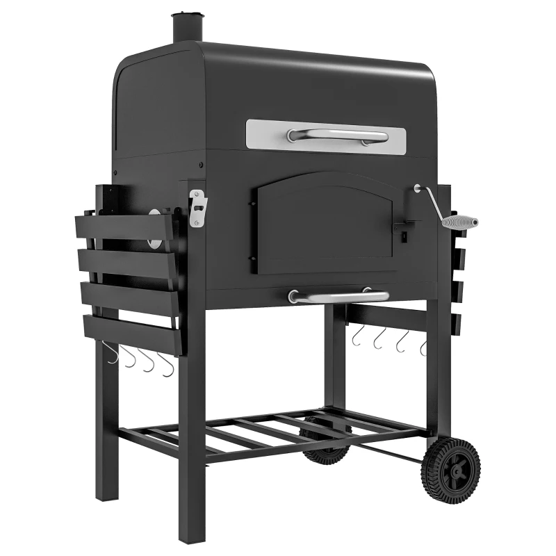 Kolgrill BBQ Grill Rökare, Justerbart Kolfack, Sidohyllor, 124 X 66 X 112 Cm, Svart 10