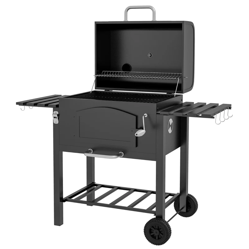 Kolgrill BBQ Grill Rökare, Justerbart Kolfack, Sidohyllor, 124 X 66 X 112 Cm, Svart 1