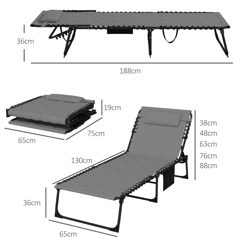 Solstol Solstol Trädgårdsstol, Hopfällbar, Inklusive Dyna, Väderbeständig; 188cm X 65cm X 36cm, Grå + Svart 3