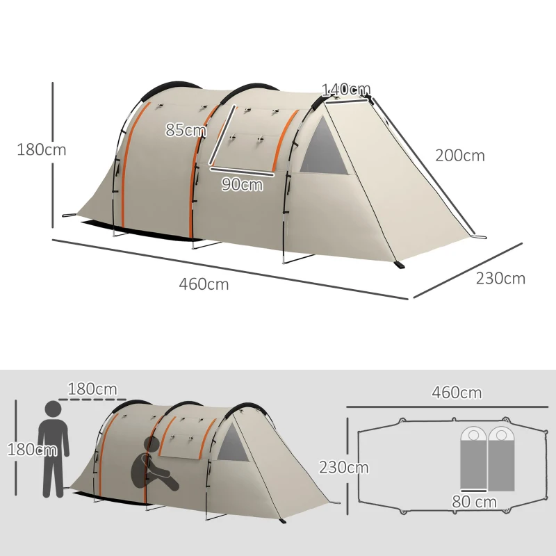 Campingtält För 4-5 Personer, Mörkbara Fönster, Vattentät, 180H X 460L X 230W Cm, Khaki/orange 3