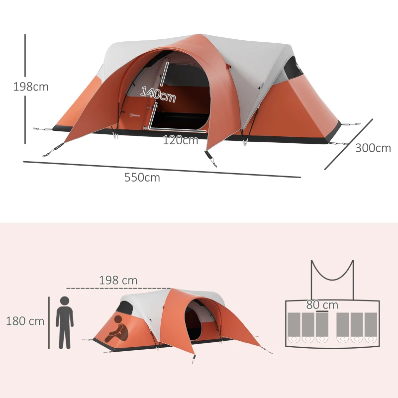 Campingtält För 5-6 Personer, Familjetält, Vattentätt, Med Markis, 550L X 300W X 198Hcm, Orange 3