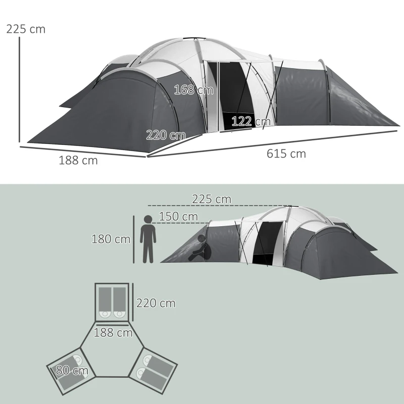 Campingtält För 6-9 Personer, 4 Rum, Markis, Vattentät, 615x 615x225cm, Grå 3