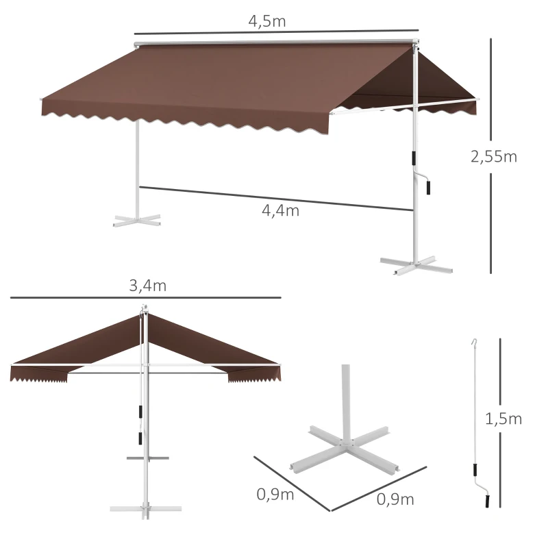 Fristående Markis 4,5x3,4m, Lutningsbar, Vev, Metallram, Brun 3