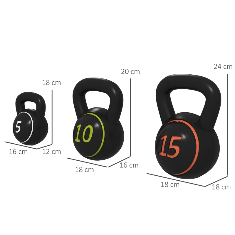 Kettlebell Set, 3 Kettlebells 2,2kg/4,5kg/6,8kg, Plastfodral, Svart 3