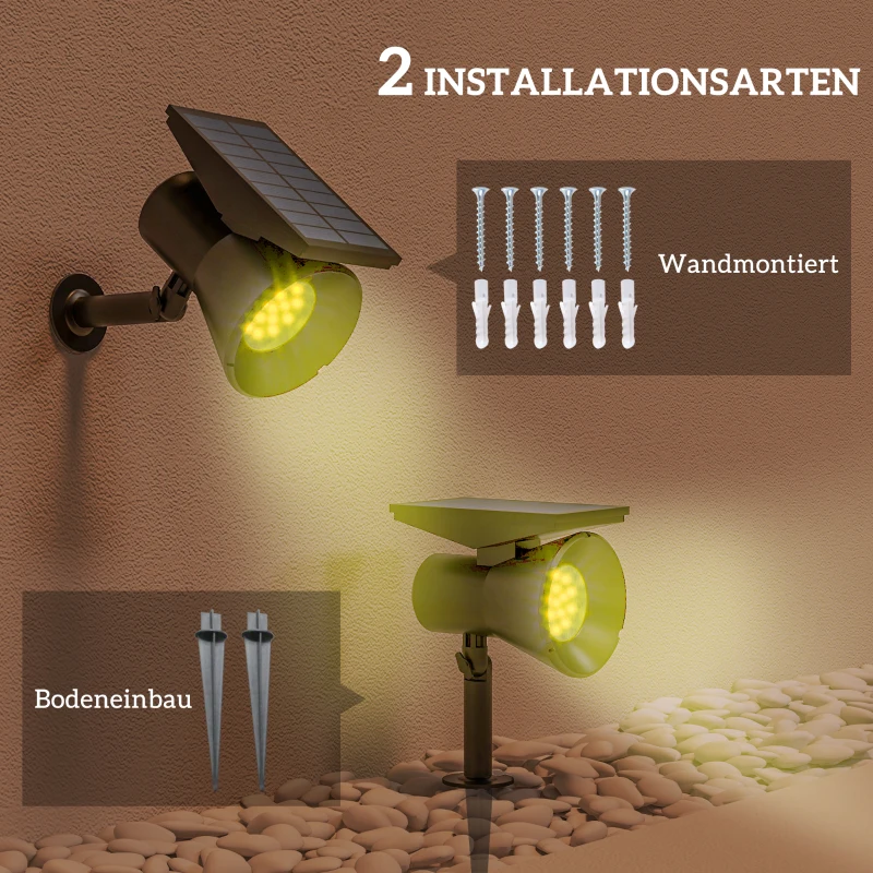 Solljus, 2 Stycken Sollampor, Solenergi Trädgårdslampa Med 2 Ljusfärger, Golv-/väggmontering, IP54 Vattentät För Balkong, Terrass, Svart 6