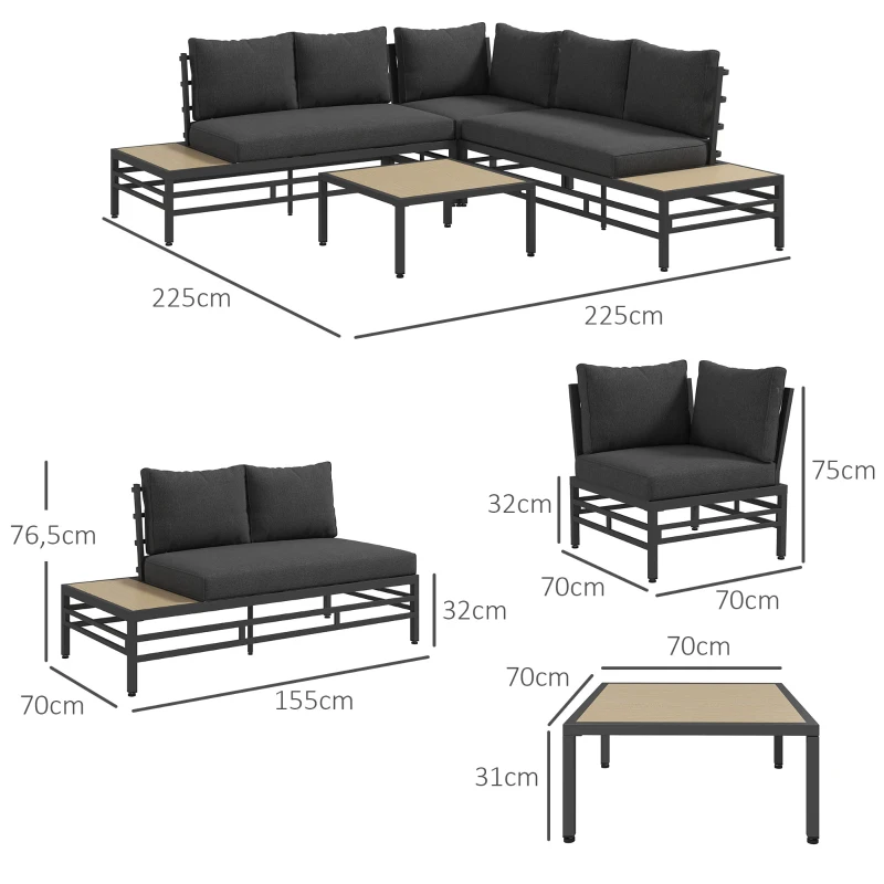 Trädgårdssittgrupp Trädgårdsmöbelset Loungeset, 1 Soffbord, 2 Sidobord, 2 Soffor, Mörkgrå + Ljusbrun + Svart 3