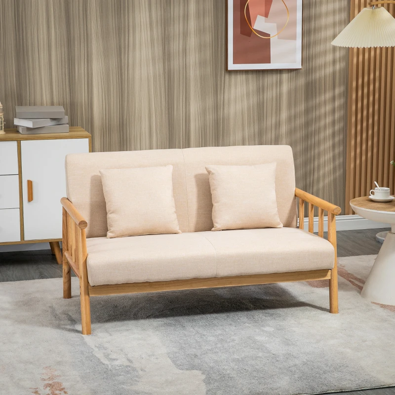 2-sits Soffa, Tygöverdrag I Linnelook, Kompakt, Upp Till 200 Kg, Träram, 123L X 69W X 74H Cm, Beige 2