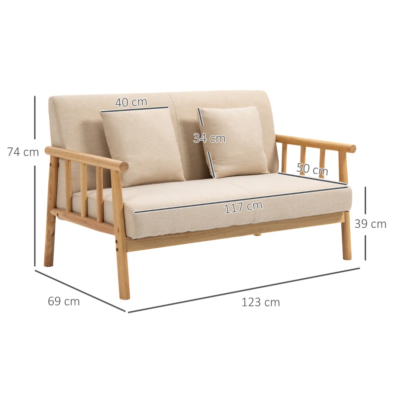 2-sits Soffa, Tygöverdrag I Linnelook, Kompakt, Upp Till 200 Kg, Träram, 123L X 69W X 74H Cm, Beige 3