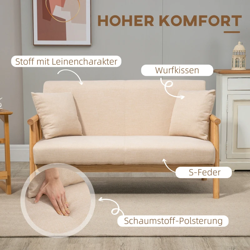 2-sits Soffa, Tygöverdrag I Linnelook, Kompakt, Upp Till 200 Kg, Träram, 123L X 69W X 74H Cm, Beige 4