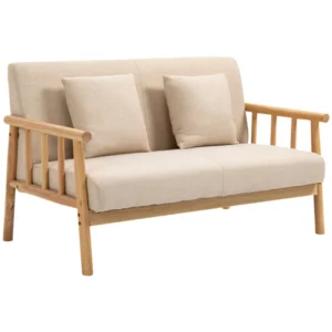 2-sits Soffa, Tygöverdrag I Linnelook, Kompakt, Upp Till 200 Kg, Träram, 123L X 69W X 74H Cm, Beige 1